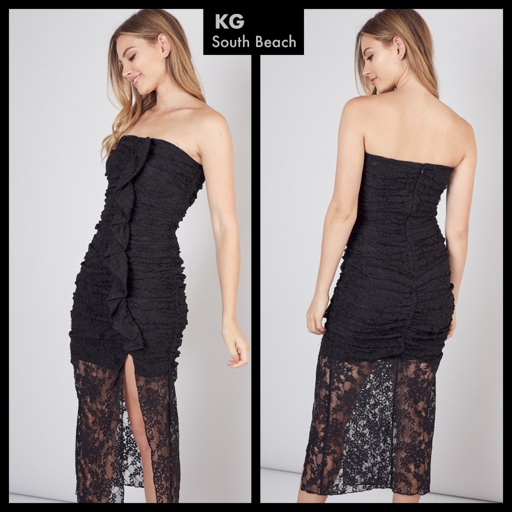 📌 LUX BRAND Lux Lace SUPER Stretchy Lined Dress High Sexy Slit Diagonal Ruffle